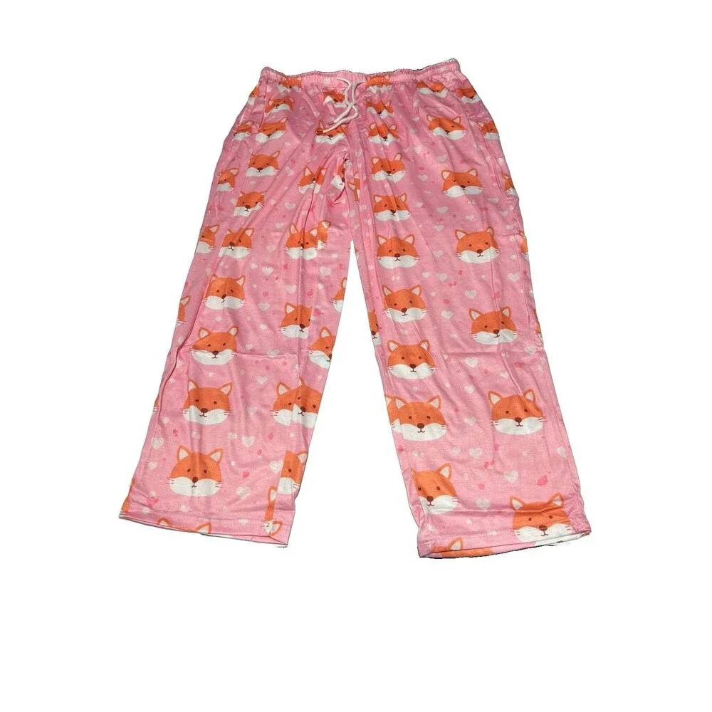 Women's Pink Fox & Heart Print Pajama Pants - Size XL Plush